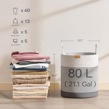 Nunsino 80L Laundry Hamper Basket,Baby Nursery Woven Storage Basket for Toys Bin,Pillows,Blankets,Clothes,Grey&White - Image 6