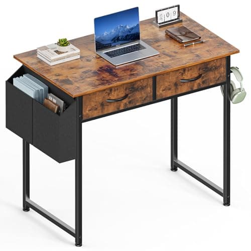 Sweetcrispy Computer Desk Small 32 Inch Home Office Bedroom Writing Study PC Table with Fabric Storage Drawers Space Side Bag Headphone Hook Adjustable Feet Modern Simple Style, Rustic Brown - Image 1
