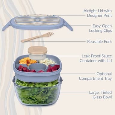 Bentgo Glass Prints All-in-One Salad Container - 61oz Tinted Glass Salad Bowl with Lid, Bento-Style Tray, Sauce Container, & Reusable Fork - Dishwasher & Microwave Safe (Wildly Chic - Soft Blue) - Image 6