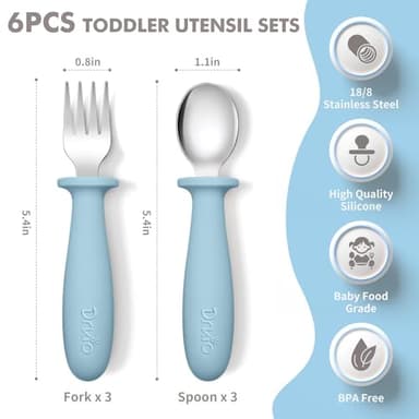 DRKIO 6 Pieces Toddler Utensils Set - Kids Silverware Set with Silicone Handle Children Safe 18/8 Stainless Steel Forks and Spoons Anti-Choke Design Food Grade Dishwasher Safe - Image 2