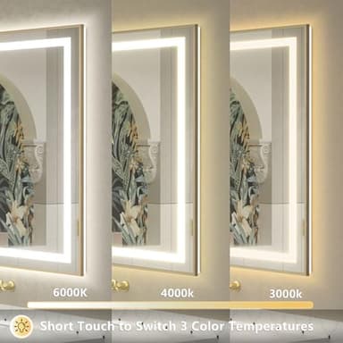 OKPAL 40x24 Gold LED Bathroom Mirror with Lights, Frontlit & Backlit Metal Framed Mirror, Lighted Bathroom Vanity Mirror, Anti-Fog, Dimmable 3 Colors, Shatterproof, Horizontal/Vertical - Image 2