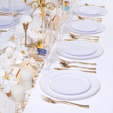 KIRE 200PCS Gold Plastic Plates - Disposable Plates for Party - White Plastic Plates with Gold Rim Include 100 for Dinner and 100 for Dessert/Salad in Wedding/Thanksgiving - Image 7