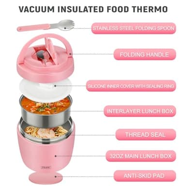 Soup Thermo for Hot Food Adults 32OZ Lunch Containers Wide Mouth Hot Food Jar Vacuum Insulated Stainless Steel Bento Box Leakproof with Spoon (Light Pink) - Image 4