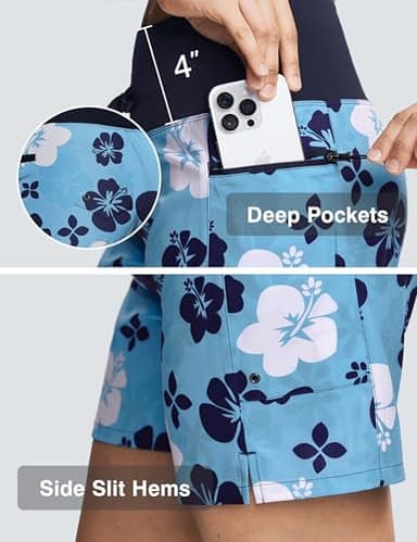 ISEEGZ Women's 5"/9" High Waisted Swim Board Shorts Quick Dry UPF 50+ Womens Swim Trunk Bottoms with Liner Zipper Pockets Blue Floral - Image 7