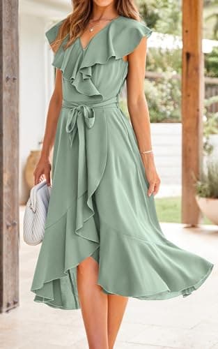PRETTYGARDEN Short Sleeve Wrap V Neck Ruffle Summer Dress for Women Wedding Guest Dresses for Women 2025 Satin Midi Dresses (Light Green,XX-Large) - Image 5