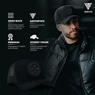 Urban Effort Mesh Trucker Hat,Men and Womens Trucker Hats with Adjustable Strap,Baseball Snapback Closure for Mountaining,Hunting&Hiking (Black/Black, Curved Trucker) - Image 4