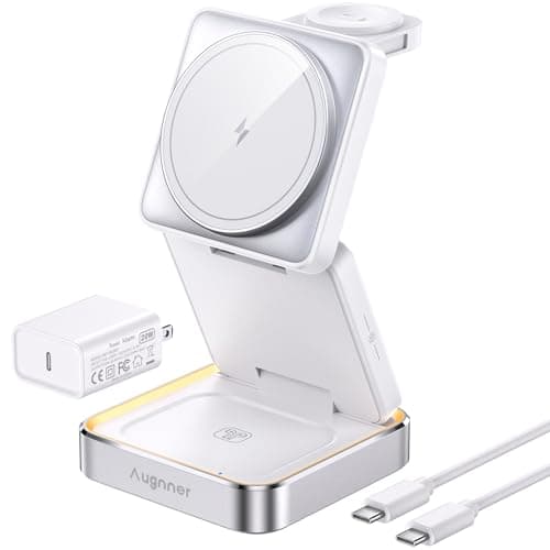 【2025 Upgraded】Wireless Charger 3 in 1, Foldable Wireless Charging Station with Light for Apple MagSafe Charger, Travel Magnetic Charger for iPhone 17/16/15/14/13/12 Apple Watch AirPods (20W Adapter) - Image 1