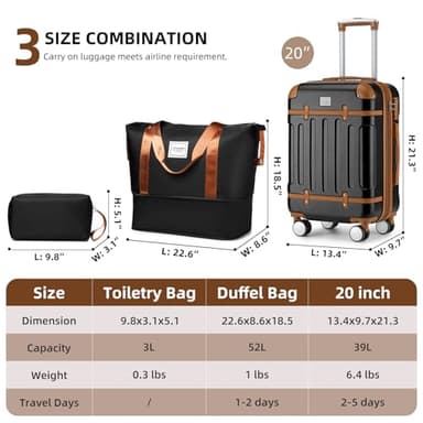 LARVENDER Luggage Sets 3 Piece, Expandable Carry on Luggage 22x14x9 Airline Approved Hardshell Suitcases with Spinner Wheels TSA Lock, Vintage Rolling Luggage for Men and Women, Black - Image 4