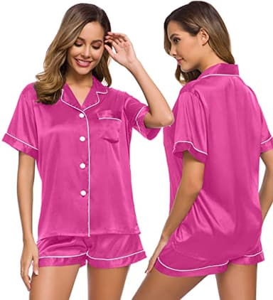 SWOMOG Womens Pajamas Set Silk Satin Sleepwear Short Sleeve Nightwear Button Down Pj Loungewear Rose Red - Image 1