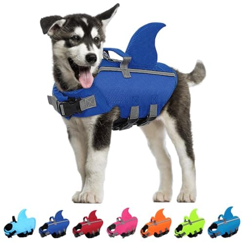 SUNFURA Dog Life Jacket Shark Life Vest for Dogs, Adjustable Swmming Vest with High Buoyancy, Safety Lifesaver with Rescue Handle for French Bulldog Small Medium Breeds, Dark Blue M - Image 1