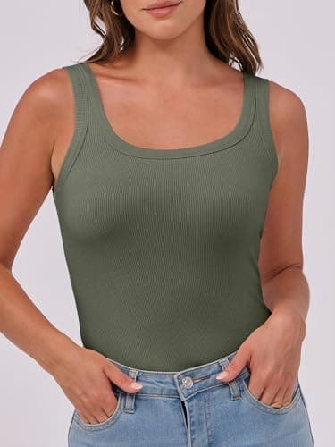 ANRABESS Womens Sleeveless Scoop Neck Tank Top Ribbed Fitted Summer Basic Slim Cute Tops 2025 Army Green Large - Image 2
