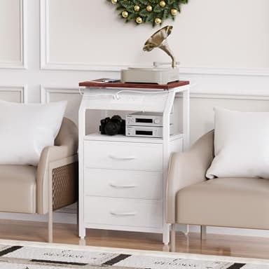 SZLHANJZ End Table with LED Lights, Nightstand with Charging Station and 3 Drawers, Small Side Table with Fabric Storage for Bedside, Living Room, Dorm, White and Walnut - Image 2