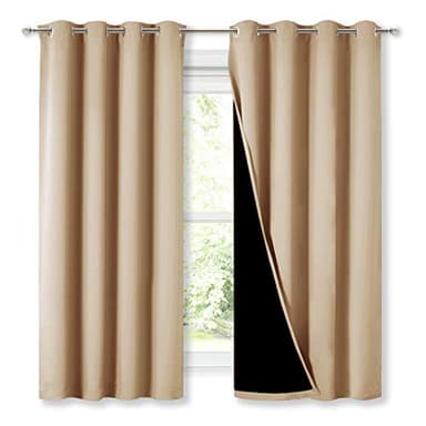 NICETOWN Bedroom Full Blackout Curtain Panels, Super Thick Insulated Window Covers, Complete Blackout Draperies with Black Liner for Short Window(Biscotti Beige, Set of 2 PCs, 52 by 63-inch) - Image 1