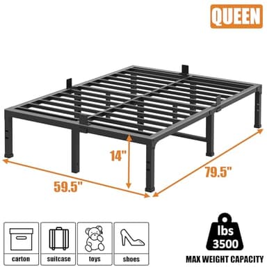 FUIOBYVV Queen Bed Frame, 14 Inch Heavy Duty Metal Platform Bed Frame Queen Size Support Up to 3500 lbs, No Box Spring Needed/No Shaking/Steel Slat Support/Noise Free/Easy Assembly - Image 2