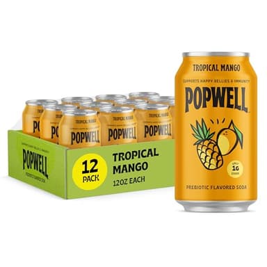 Popwell Tropical Mango Better-For-You Prebiotic Soda, with 6g Fiber, 1g Sugar, Vitamins and Immunity Support, 12 fl oz Cans (pack of 12) - Image 1
