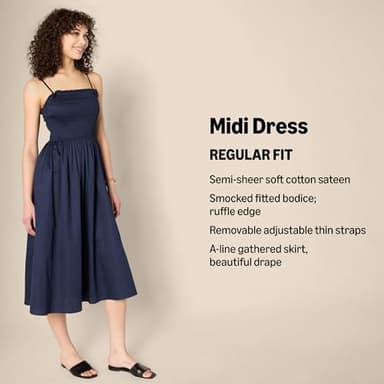 Amazon Essentials Women's Regular-Fit Cotton Sateen Smocked Bodice Midi Dress, White, X-Small - Image 2