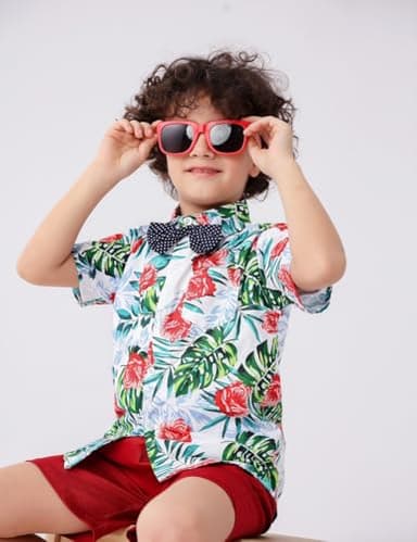 JunNeng Toddler Baby Boy Shorts Sets Hawaiian Outfits,Tropical Floral Short Sleeve Shirt +Elastic Shorts Vacation Clothes,Navy Blue 4-5 Years - Image 2