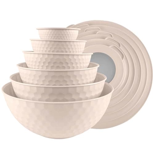 COOK WITH COLOR Mixing Bowls with Lids - 12 Piece Plastic Nesting Bowls Set includes 6 Prep Bowls and 6 Lids, Non Slip Bottom and Embossed Design - Microwave Safe (Cream) - Image 1