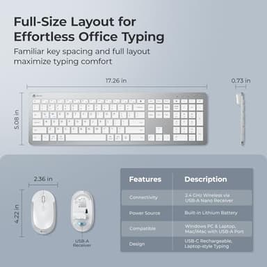 iClever Wireless Keyboard and Mouse, GK08 White Keyboard Mouse Combo, Ergonomic, Quiet, Full Size Design with Number Pad, 2.4G Connection for Mac, Windows and Computer - Image 8