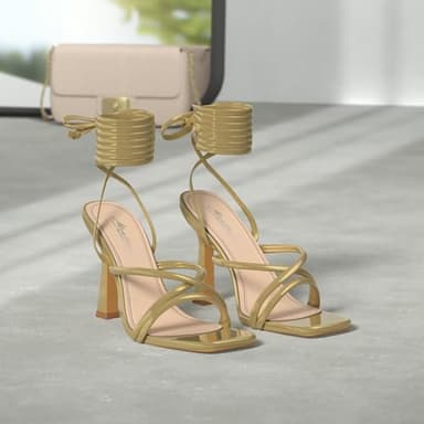 Mostrin Gold Strappy Heels for Women Lace Up Heels Tie Up Stiletto Heeled Sandals Square Open Toe High Heels for Prom, Party and Weddings Size 11 - Image 2