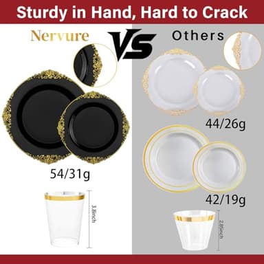 Nervure 350PCS Black Plastic Plates - Black Plastic Dinnerware Sets for 50 Guests - 100 Disposable Plates, 150 Gold Silverware, 50 Cups, 50 Napkins for Wedding & Party & Halloween - Image 8
