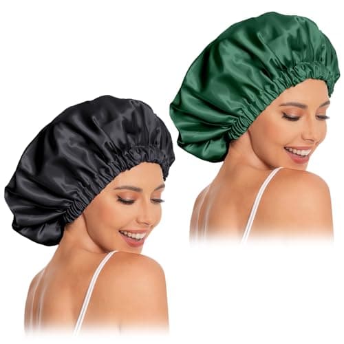 Satin Bonnet Silk Bonnet Hair Bonnet for Sleeping-Slouchy Beanie Hat Satin Sleep Cap for Women's Natural & Curly Hair(Black&Blackish Green) - Image 1