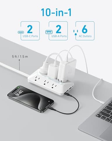 Anker Flat Plug Power Strip(300J) with 20W USB-C, 10-in-1 Ultra Thin Power Strip with 6 AC, 2 USB-A and C Each, 5 ft Extension Cord for Desk Charging Station/Home/Office/College/Dorm Essentials, White - Image 3