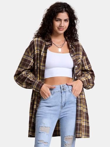 EXLURA Womens Plaid Flannel Shacket Long Sleeve Button Down Shirts Long Jackets Oversized Fall Fashion Outfits 2025 Clothes Yellow Brown - Image 4