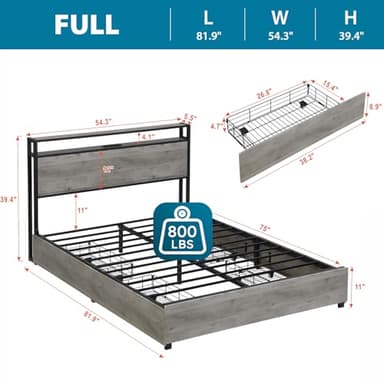 Kiivakii Full Size Bed Frame with 4 Storage Drawers, LED Platform Bed Frames with Headboard, Built in Charging Station, Noise Free, Stable and Solid, No Box Spring Needed, Gray - Image 2