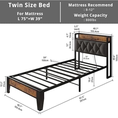 ANCTOR Twin Bed Frames, Storage Headboard with Outlets, Easy to Install, Sturdy and Stable, No Noise, No Box Springs Needed - Perfect for a Good Night's Sleep - Image 2