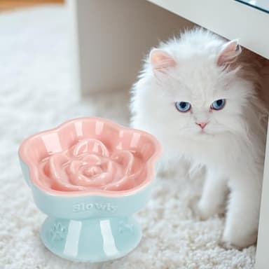 S&Q's CERAMICS Raised Slow Feeder Cat Bowl, Ceramic Elevated and Titled Glass Food Bowl Small Dogs Slow Feeder, Flower Shaped Cute Cat Dish for Dry and Wet Food (Pink, 5.8") - Image 6