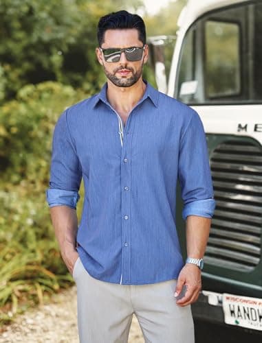 MAPICK Mens Denim Shirt Business Casual Long Sleeve Shirts Button Down Untucked Clothing(Blue,X-Large) - Image 3