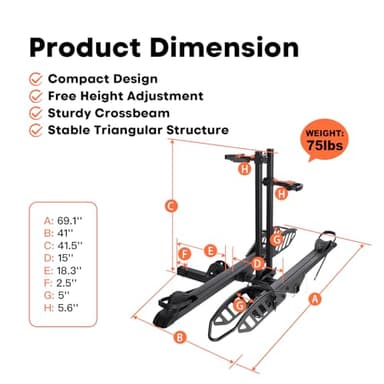 CRAVOT EBike Rack with Ramp, 200 lbs Capacity Heavy Bike Rack Electric Bike Carrier for 2 E-Bike, Foldable Bike Racks for Tow Hitch Up to 5-inch Fat Tire 2'' Receiver - Image 6
