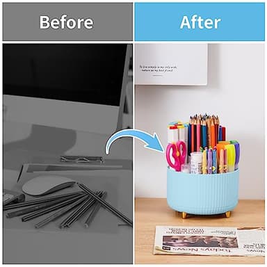 Marbrasse Desk Organizer, 360-Degree Rotating Pen Holder, Desk Organizers and Accessories with 5 Compartments Pencil Holder, Art Supply Storage Box Caddy for Office, Home（Light Blue） - Image 7