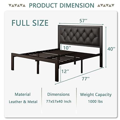 Feonase Full Size Metal Bed Frame with Faux Leather Button Tufted Headboard, Heavy-Duty Platform Bed Frame with 12" Storage, Steel Slats Support, No Box Spring Needed, Noise Free, Black - Image 2