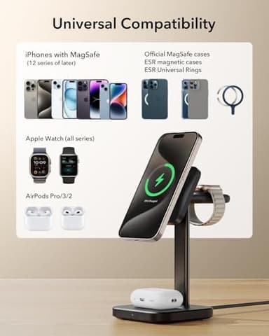 ESR Qi2 3 in 1 Wireless Charging Station, [Certified] Apple Watch Charger & 15W Qi2 MagSafe Charger Stand for iPhone, Wireless Charger for Multiple Devices iPhone 17/16/15/14/13&Watch&AirPods,Black - Image 8
