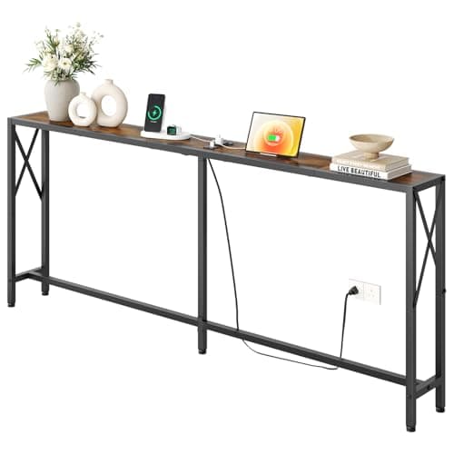 Gewudraw 70 in Skinny Sofa Table Behind Couch, Console Table with Oulets & USB Ports for Hallway, Entryway,Living Room, Bedroom, Rustic Brown - Image 1
