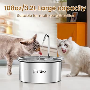 Petlipo Stainless Steel Cat Water Fountain, 3.2L/108oz Cat Fountain for Drinking, Pet Water Fountain for Cats Indoor, BPA-Free Cat Water Dispenser with 2 Flow Modes, kitty Spout Fountain for Cats Dogs - Image 8