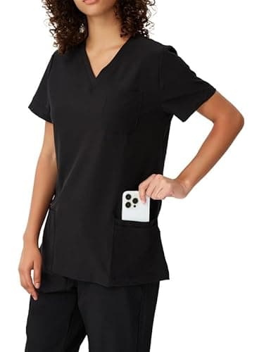 floralhue Scrubs for Women, V-Neck Scrubs Top & Cargo Pants, Scrubs Set with 10 Pockets, Yoga Waistband, 4 Way Stretch, Black, M - Image 4