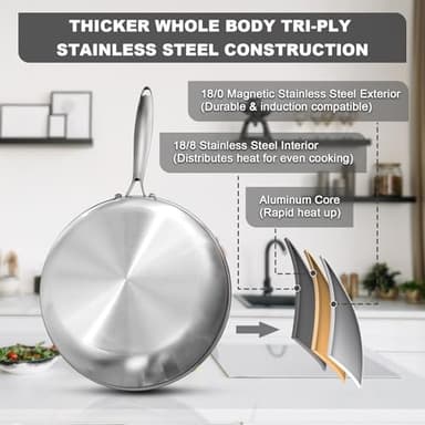12 Inch Tri-Ply Stainless Steel Frying Pan, Skillet, Induction Cooking Pan, Dishwasher and Oven Safe, Fast & Even Heat, Heavy Duty and Detachable Handle - Image 2