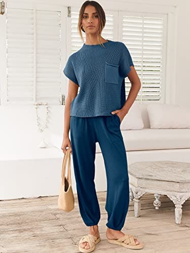 ANRABESS Women's Two Piece Outfits Knit Sweater Vest Crop Top Pants Lounge Matching Tracksuit Sweatsuit Travel Clothes Sets Deep Blue Small - Image 2