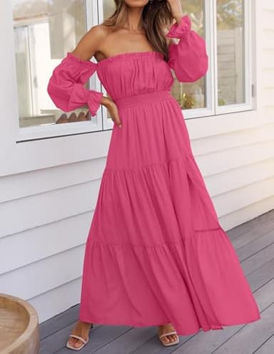 ZESICA Women's 2025 Boho Sexy Off Shoulder Long Sleeve Smocked High Waist Side Split Flowy A Line Tiered Long Maxi Dress,Rose,Medium - Image 3