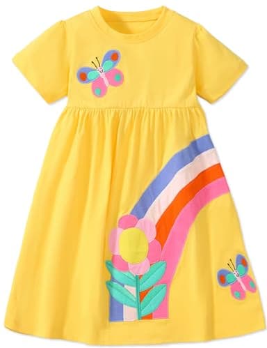 Toddler Little Girl's Summer Dresses Cotton Short Sleeve Sundress Clothes Outfits Casual Clothing Yellow Rainbow Size 6 - Image 1