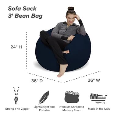 Sofa Sack Bean Bag Chair - Plush, Ultra Soft - Memory Foam Bean Bag Chair with Microsuede Cover - Stuffed Foam Filled Furniture and Accessories for Dorm Room 3 Feet - Navy - Image 3