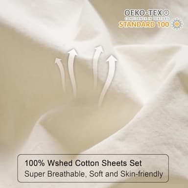 PHF 100% Garment Washed Cotton Sheets Set King Size, Ultra Soft Cotton Bedding Sheets Set, 4 PCS Breathable Moisture-Wicking Durable Sheet Set,Deep Pocket Cotton Bed Sheet Up to 16", Cream - Image 4