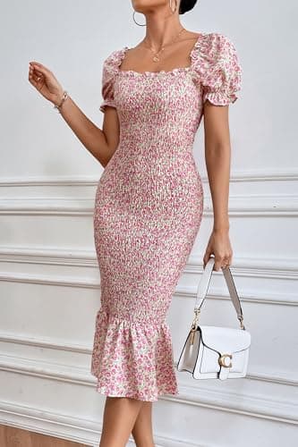 PRETTYGARDEN Summer Floral Bodycon Midi Dresses 2025 Puff Sleeve Mermaid Cocktail Baby Shower Photoshoot Maternity Dress (Pink,Medium) - Image 4