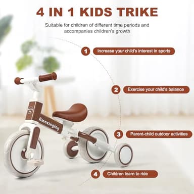 4 in 1 Toddler Tricycle for 2-5 Year Olds Kids Trike 3 Year Old Tricycle Toddlers Boys Girls Gift Trike Toddler Tricycle 1-3 Kids Trikes 3-5 Removable Pedal Adjustable Seat Brown - Image 5