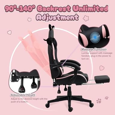Dowinx Gaming Chair Cute with Cat Ears and Massage Lumbar Support, Ergonomic Computer Chair for Girl with Footrest and Headrest, Comfortable Reclining Game Chair 290lbs for Adult, Teen, Black - Image 6