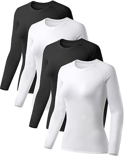 TELALEO 4 Pack Women's Compression Shirt Long Sleeve Performance Workout Baselayer Athletic Top Sports Gear-Black/Black/White/White Medium - Image 1