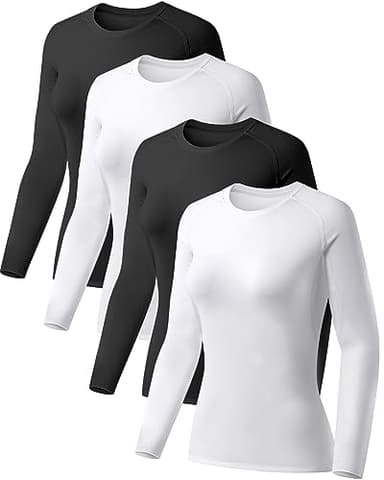 TELALEO 4 Pack Women's Compression Shirt Long Sleeve Performance Workout Baselayer Athletic Top Sports Gear-Black/Black/White/White Medium - Image 1